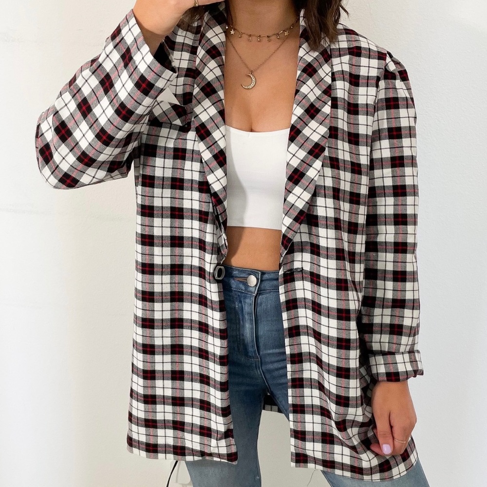 Vintage black white red plaid blazer